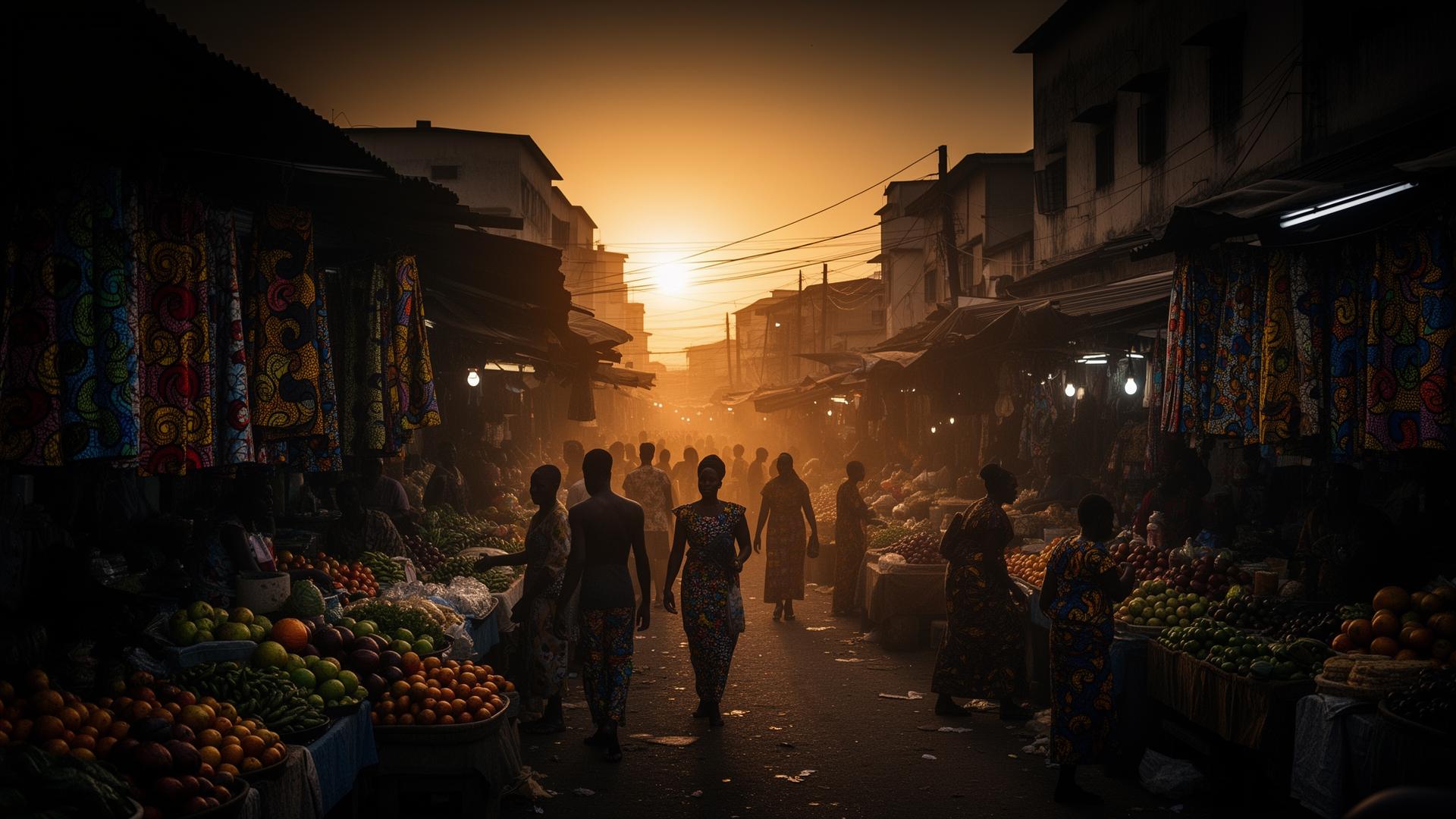 Nigerian marketplace at golden hour